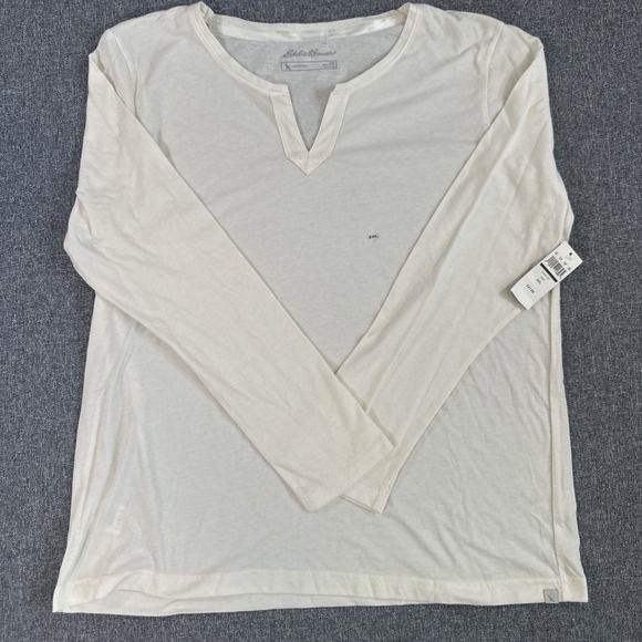 Eddie Bauer Tops - NWT Eddie Bauer Womens Large Cream Short Sleeve Tie Neck Top Knit T-Shirt L